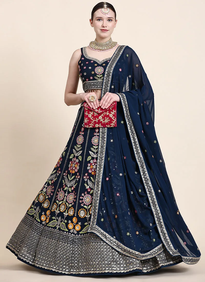Navy Blue Multi Thread Embroidery Wedding Lehenga Choli