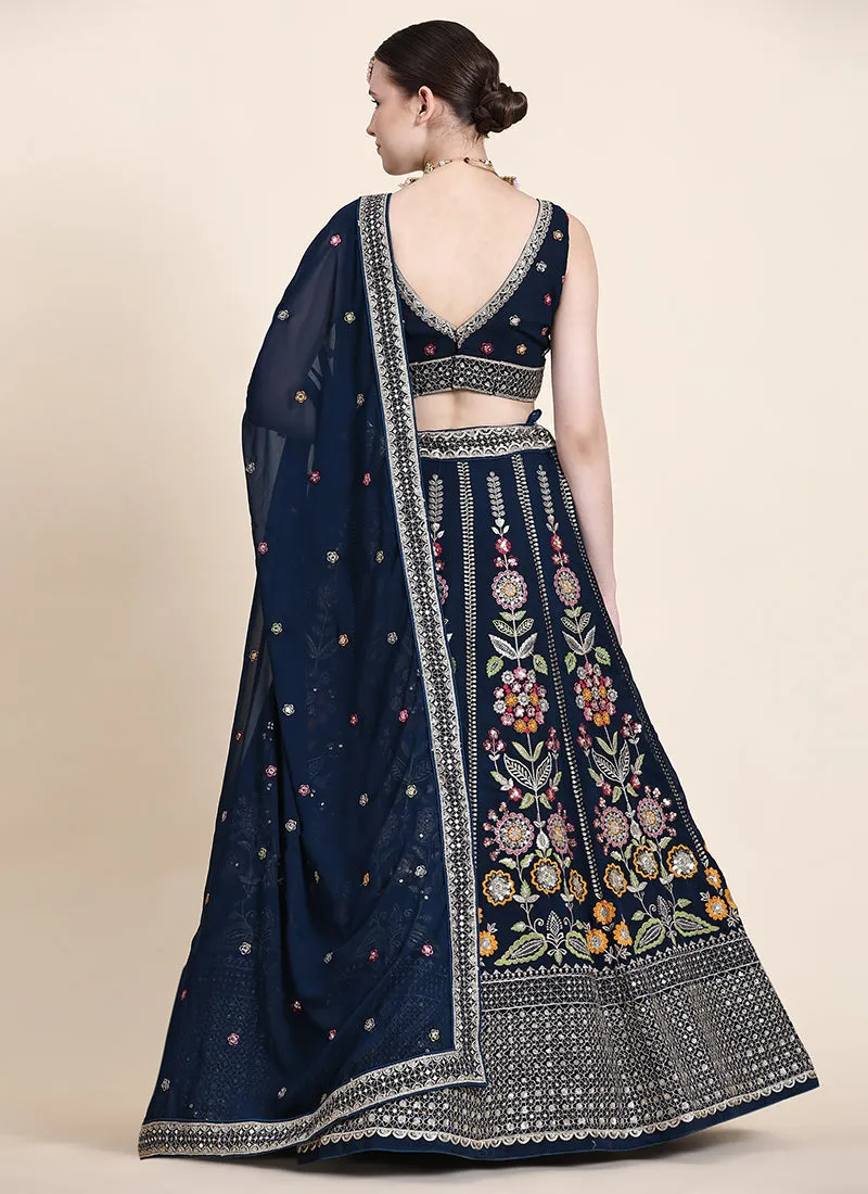 Navy Blue Multi Thread Embroidery Wedding Lehenga Choli