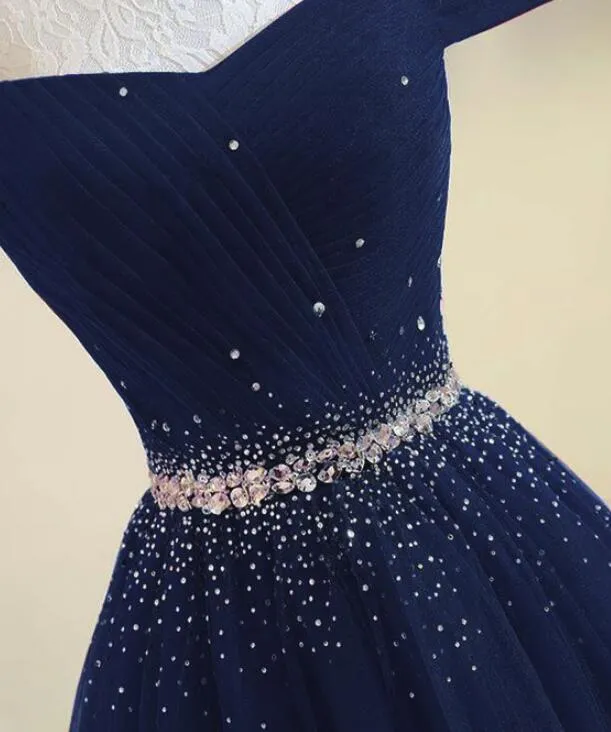 Navy Blue Tulle Beaded Prom Gowns, Tulle Party Dresses, Elegant Formal Dresses