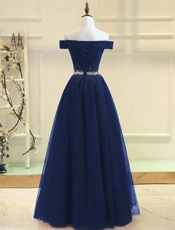 Navy Blue Tulle Beaded Prom Gowns, Tulle Party Dresses, Elegant Formal Dresses