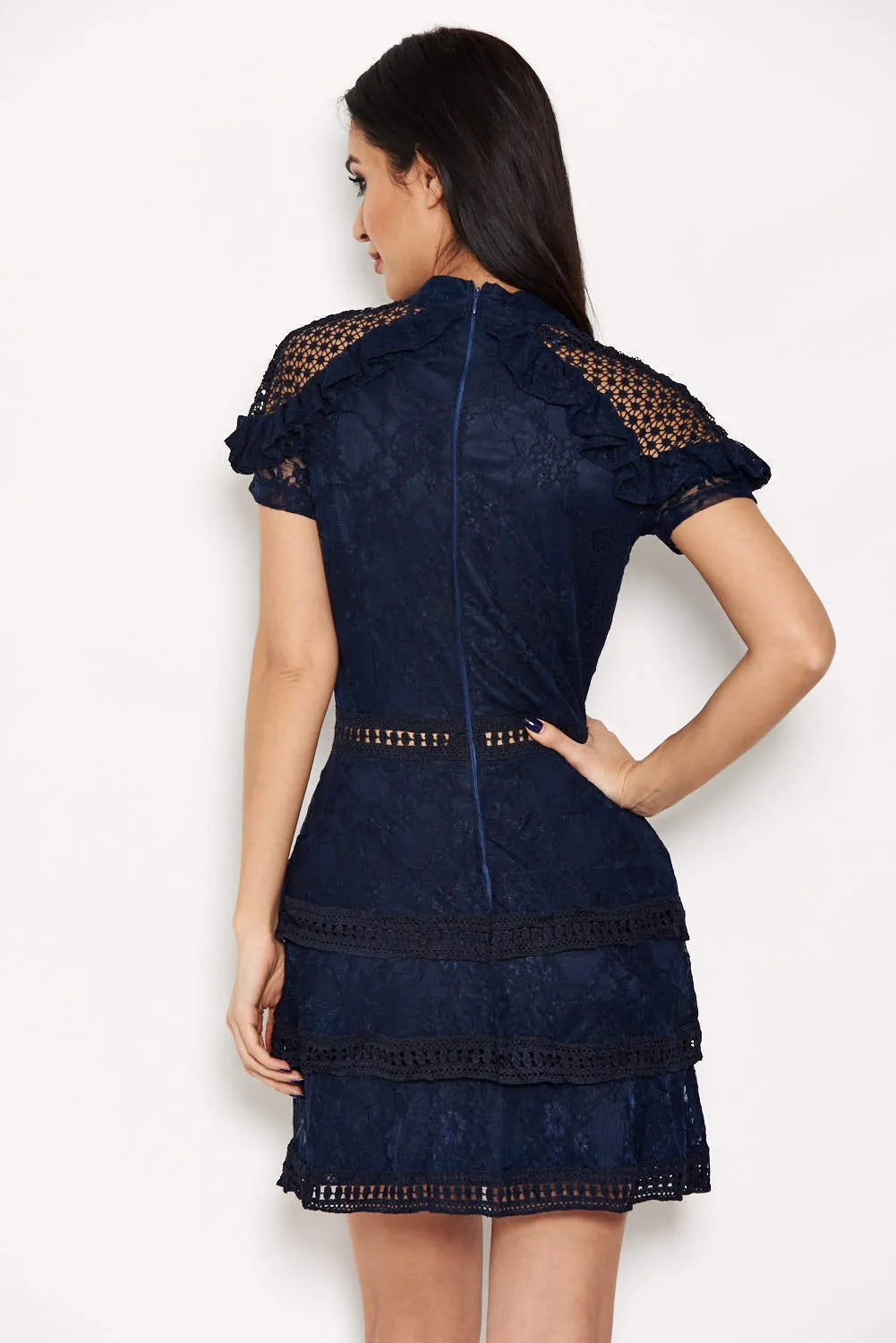 Navy High Neck Lace Layer Frill Mini Dress