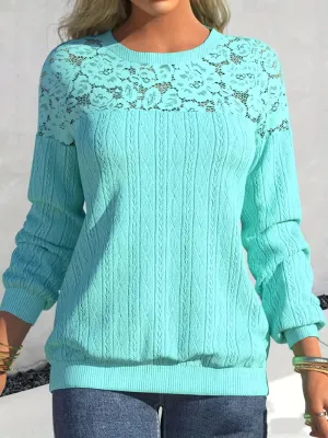 NEW Contrast Lace Crew Neck Sweatshirt, Casual Long Sleeve Fashion Sweatshirt, Women's Clothing - Size XL
