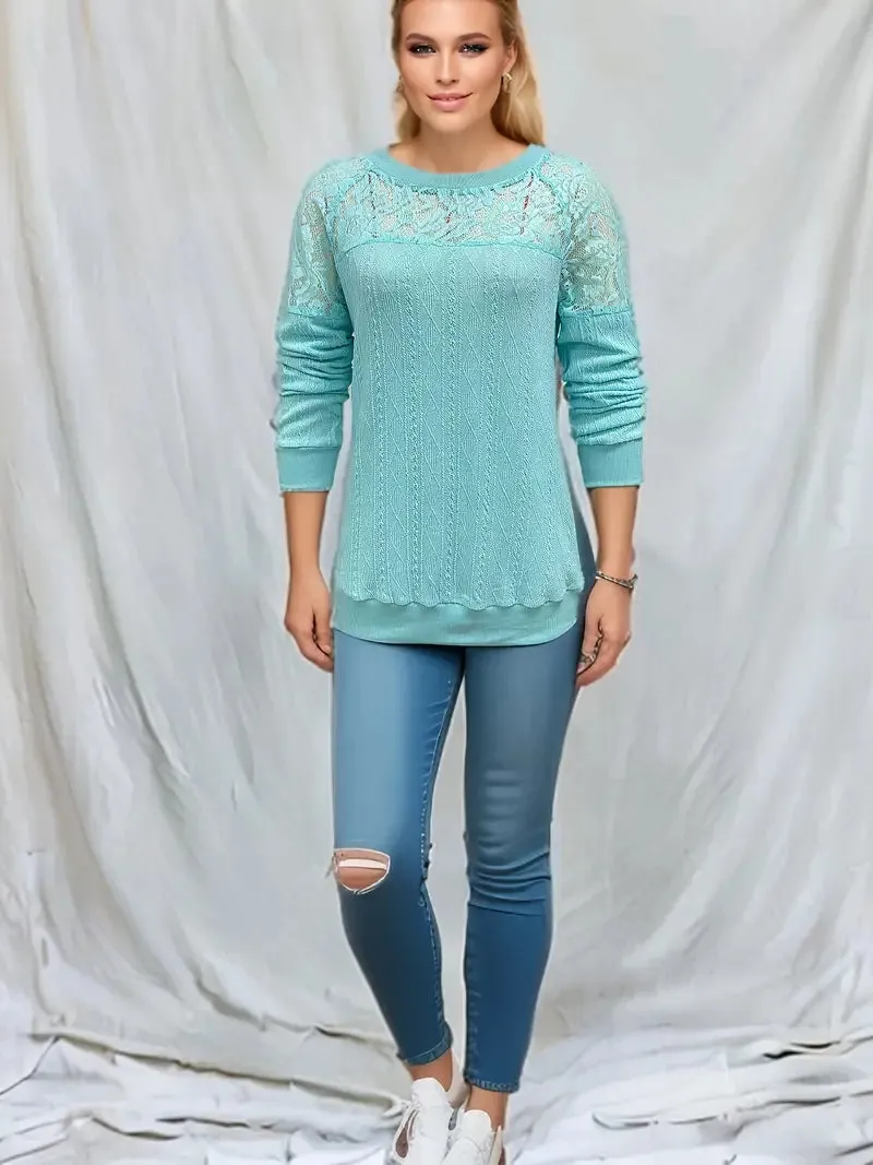 NEW Contrast Lace Crew Neck Sweatshirt, Casual Long Sleeve Fashion Sweatshirt, Women's Clothing - Size XL