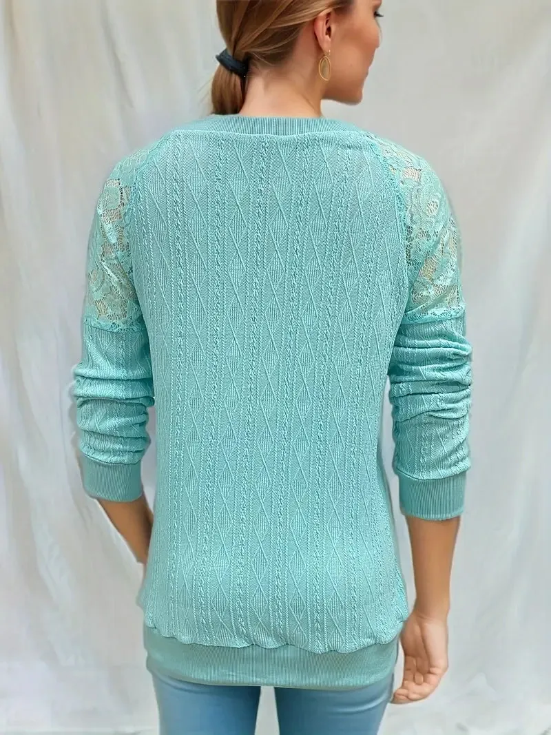 NEW Contrast Lace Crew Neck Sweatshirt, Casual Long Sleeve Fashion Sweatshirt, Women's Clothing - Size XL