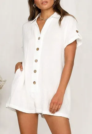 NEW Linsery Women Casual Linen Romper Outfit Button Down Shorts Summer Jumpsuit with Pockets, Sz M