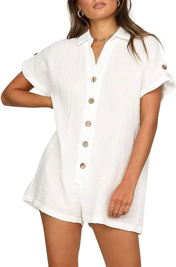 NEW Linsery Women Casual Linen Romper Outfit Button Down Shorts Summer Jumpsuit with Pockets, Sz M
