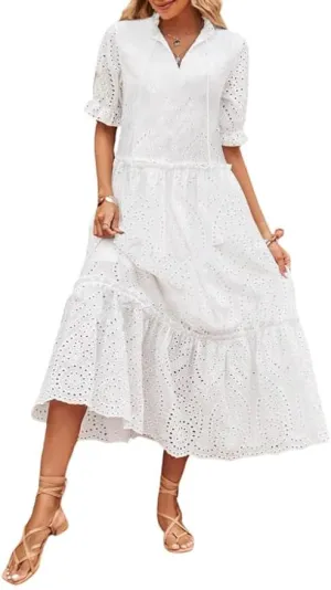 New Retails $62  chouyatou Women's Summer Boho Embroidery Eyelet Dress V-Neck Collared Tiered Midi Tunic Dress White Sz S