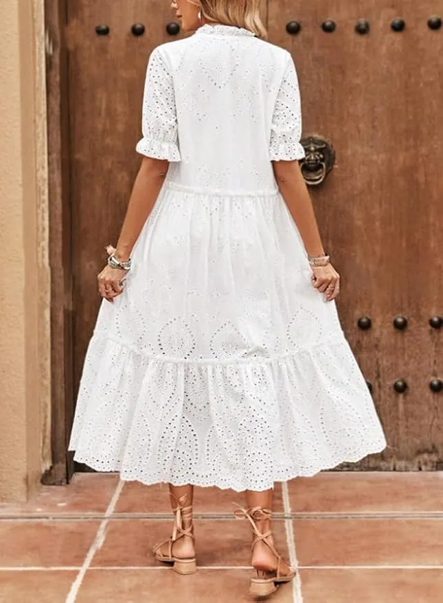 New Retails $62  chouyatou Women's Summer Boho Embroidery Eyelet Dress V-Neck Collared Tiered Midi Tunic Dress White Sz S