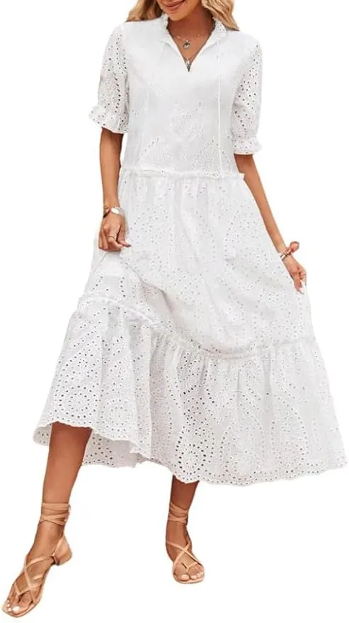 New Retails $62  chouyatou Women's Summer Boho Embroidery Eyelet Dress V-Neck Collared Tiered Midi Tunic Dress White Sz S