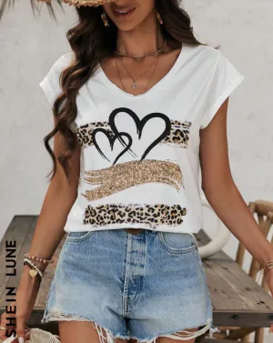 NEW SHEIN LUNE Women V-Neck Heart Print Casual Vacation T-Shirt For Summer, Sz 2XL