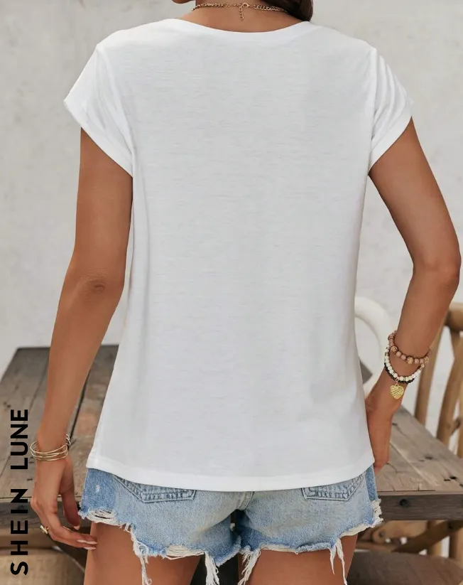 NEW SHEIN LUNE Women V-Neck Heart Print Casual Vacation T-Shirt For Summer, Sz 2XL