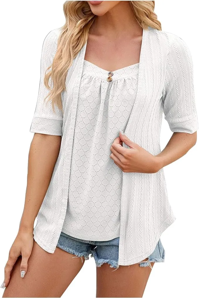 NEW Shirt for Women 2 in 1 Blouse Layered Summer Trendy Short Sleeve Square Neck Eyelet Shirts Dressy Casual Tops 2024, White, Sz L