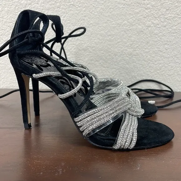 New Vince Camuto Aimery Sandal Heels Silver Sparkle Crystal Evening Sz 5