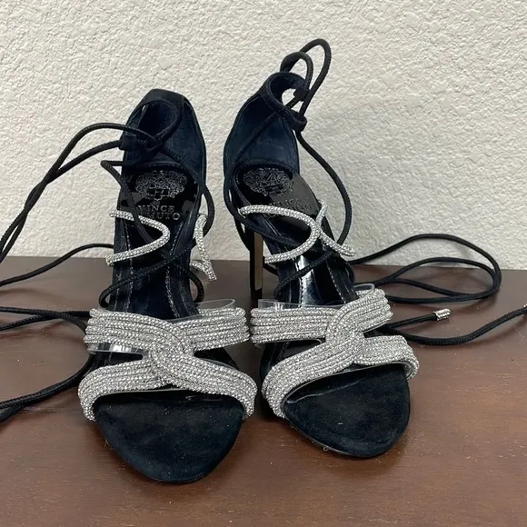 New Vince Camuto Aimery Sandal Heels Silver Sparkle Crystal Evening Sz 5