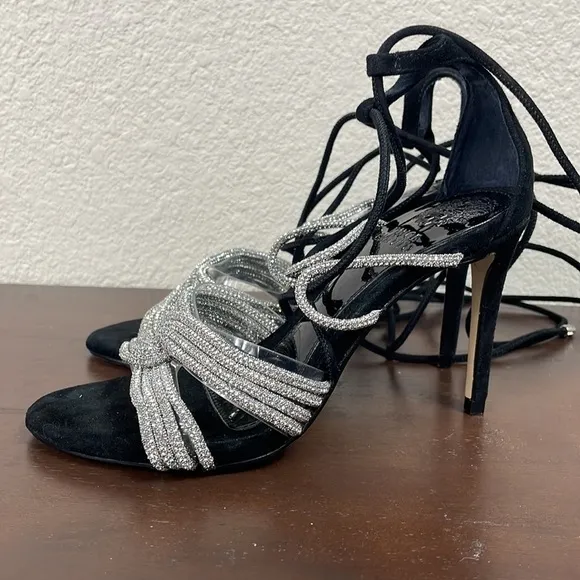 New Vince Camuto Aimery Sandal Heels Silver Sparkle Crystal Evening Sz 5