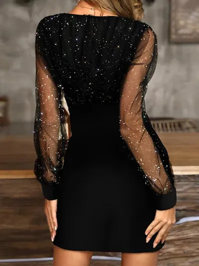 NEW Women‘s Black Dress Wedding Guest Cocktail Dress Sexy V Neck Bodycon Patchwork Long Mesh Sleeve Spring Summer, Sz L, Retails $55