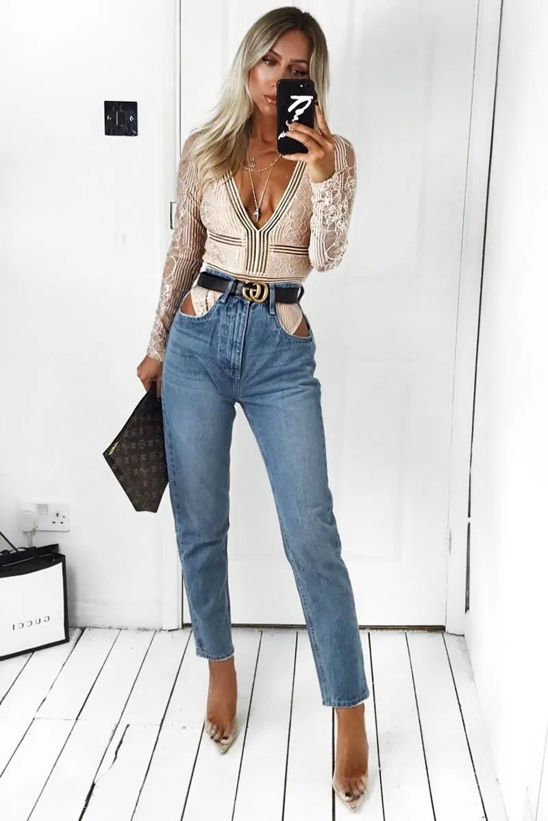 Nude Lace Long Sleeve Open Back Bodysuit - Ellice