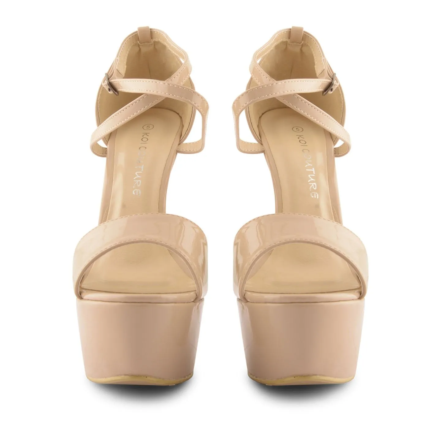 Nude Patent Cross Over Strap Platform Heels - Martha
