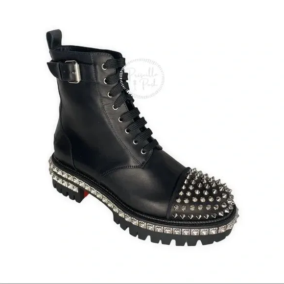 NWT CHRISTIAN LOUBOUTIN King Street Spike Combat Boot In Black/ Silver Spikes