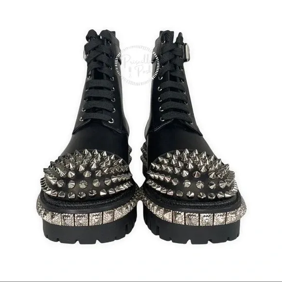 NWT CHRISTIAN LOUBOUTIN King Street Spike Combat Boot In Black/ Silver Spikes