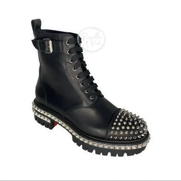 NWT CHRISTIAN LOUBOUTIN King Street Spike Combat Boot In Black/ Silver Spikes