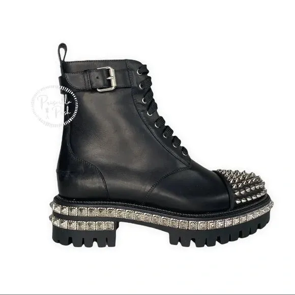 NWT CHRISTIAN LOUBOUTIN King Street Spike Combat Boot In Black/ Silver Spikes