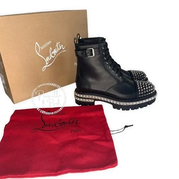 NWT CHRISTIAN LOUBOUTIN King Street Spike Combat Boot In Black/ Silver Spikes