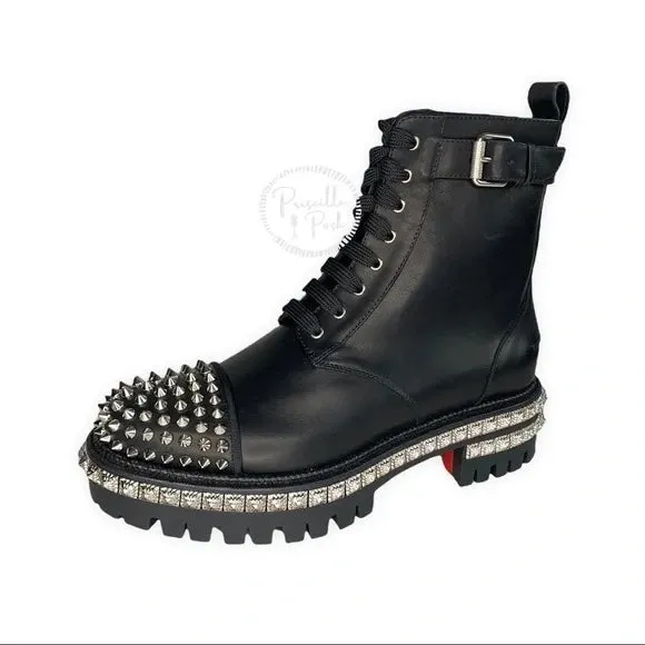 NWT CHRISTIAN LOUBOUTIN King Street Spike Combat Boot In Black/ Silver Spikes