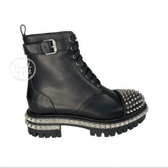 NWT CHRISTIAN LOUBOUTIN King Street Spike Combat Boot In Black/ Silver Spikes