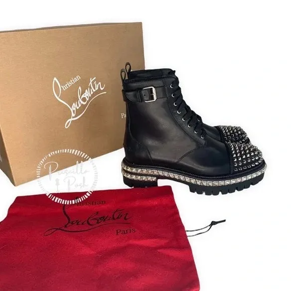 NWT CHRISTIAN LOUBOUTIN King Street Spike Combat Boot In Black/ Silver Spikes