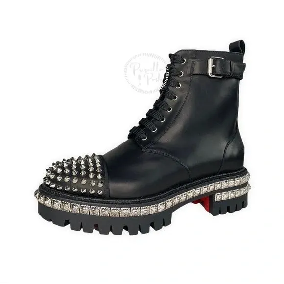 NWT CHRISTIAN LOUBOUTIN King Street Spike Combat Boot In Black/ Silver Spikes