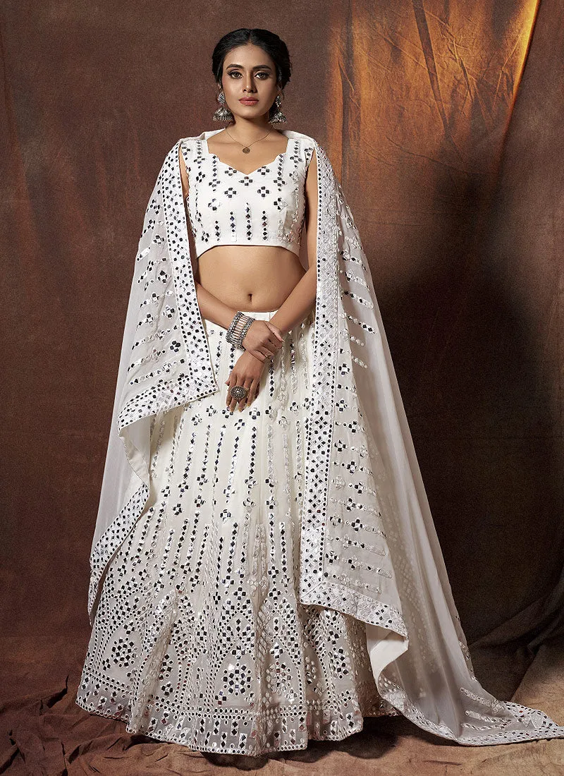 Off White Mirror Embroidered Lehenga Choli
