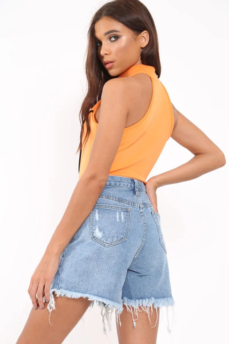 Orange Contrast Zip Front Bodysuit - Odine