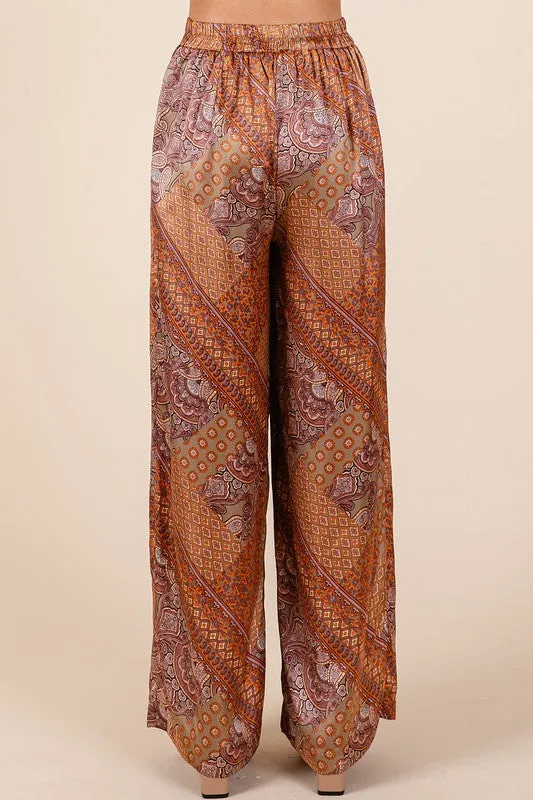Paisley Patchwork Print Satin Wide Leg Pants