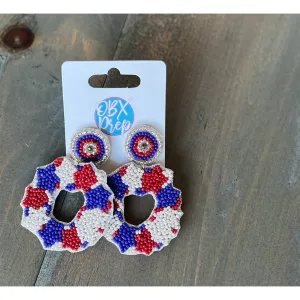 Patriotic Red White Stars Blue Seed Bead Dangle Earrings S