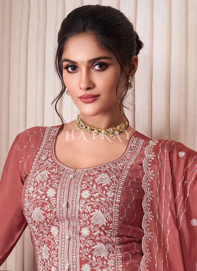 Peach Sequence And Thread Embroidery Palazzo Suit