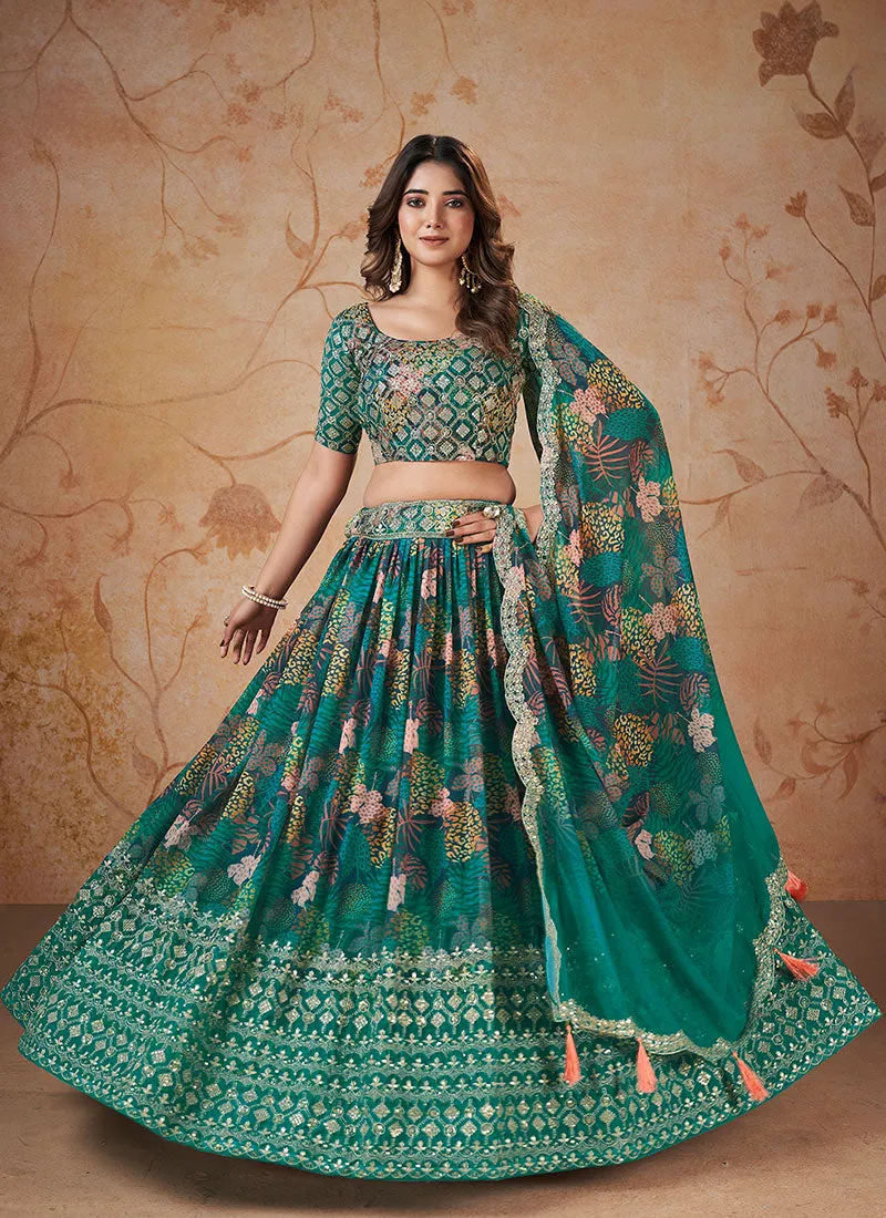 Peacock Green Sequence Embroidery Georgette Lehenga Choli