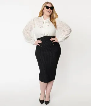 Pinstripe High Waist Sierra Pencil Skirt - Black -