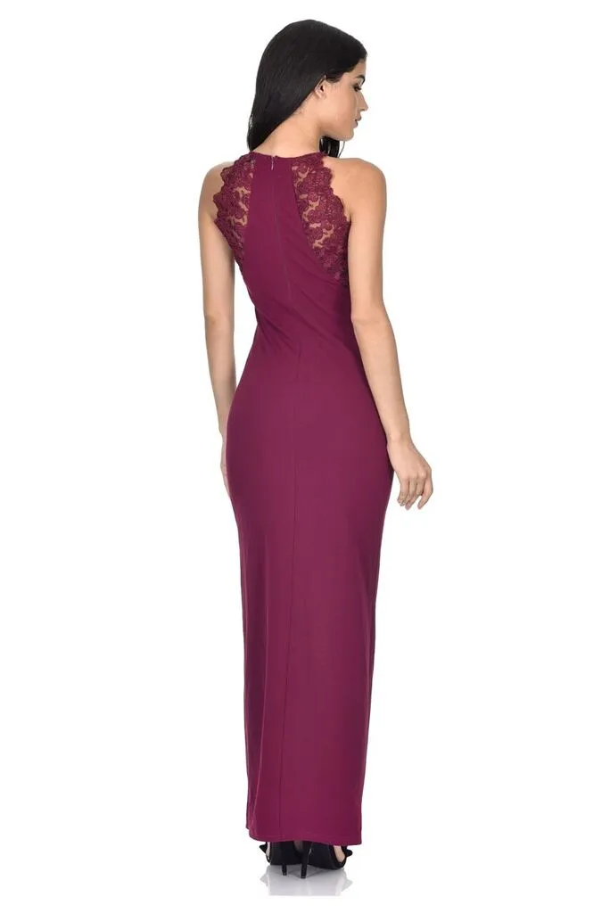 Plum High Neck Lace Detail Maxi Dress