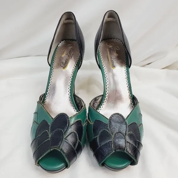 Poetic License Retro Leather Heel Stiletto Flower Green Black size.EU 39