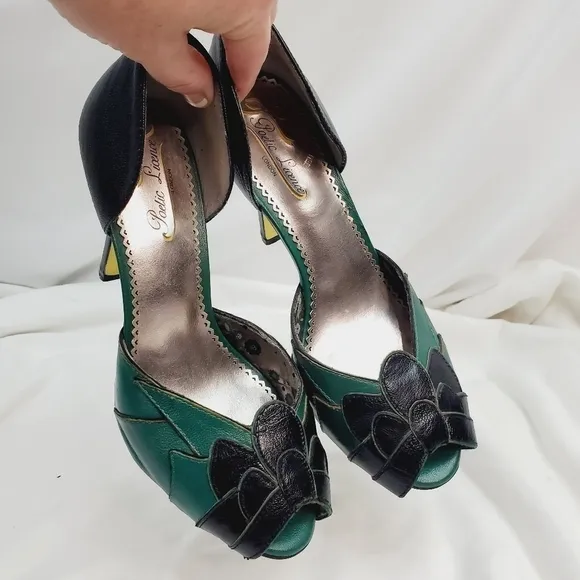 Poetic License Retro Leather Heel Stiletto Flower Green Black size.EU 39