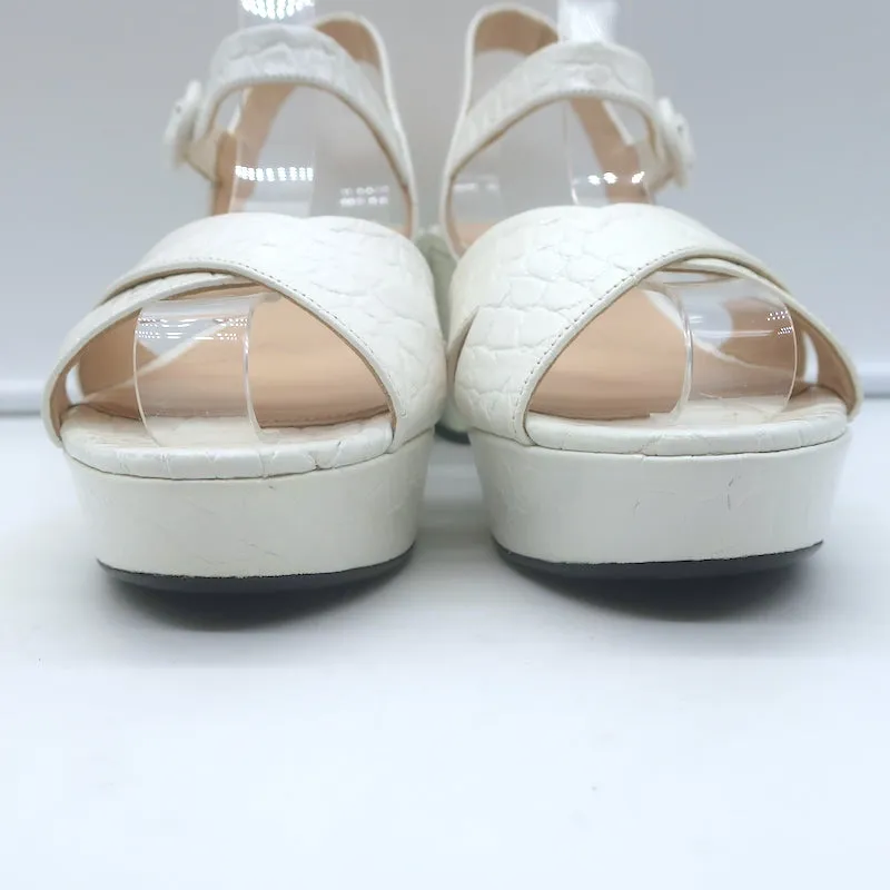 Prada Crocodile Print Crisscross Platform Sandals White Patent Leather Size 38