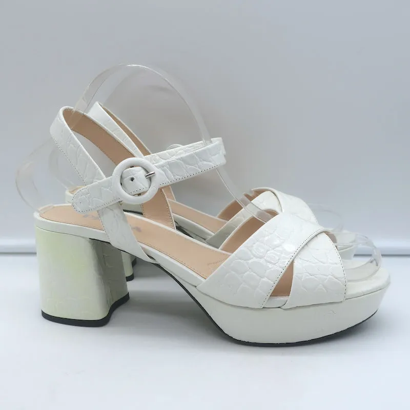 Prada Crocodile Print Crisscross Platform Sandals White Patent Leather Size 38