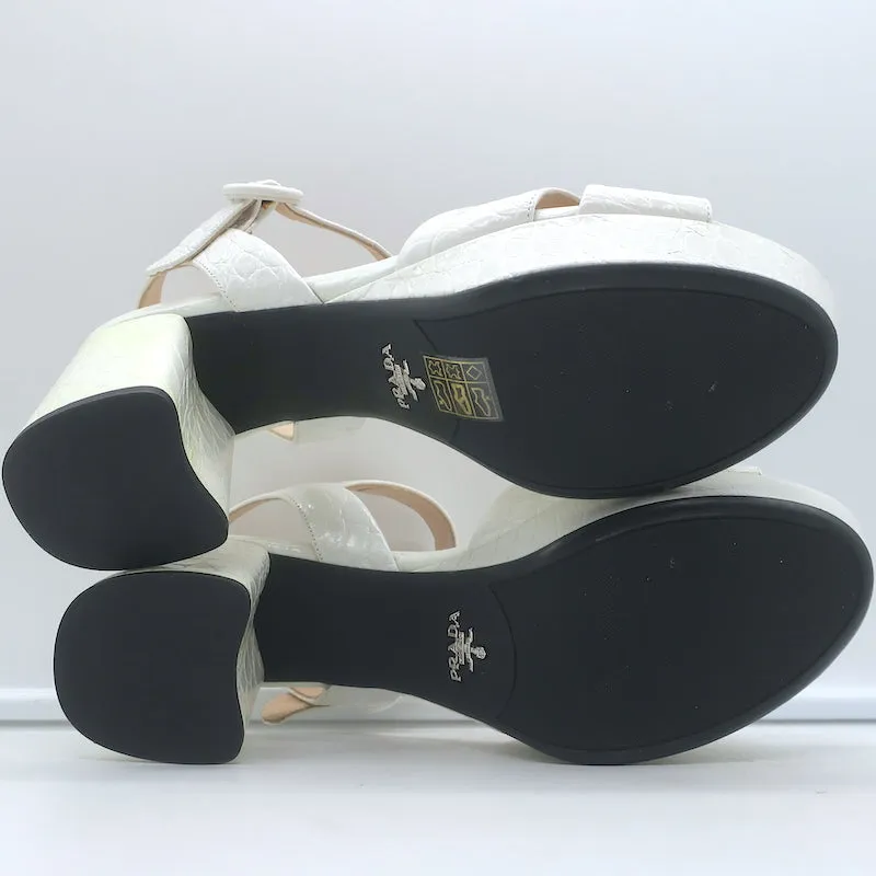 Prada Crocodile Print Crisscross Platform Sandals White Patent Leather Size 38