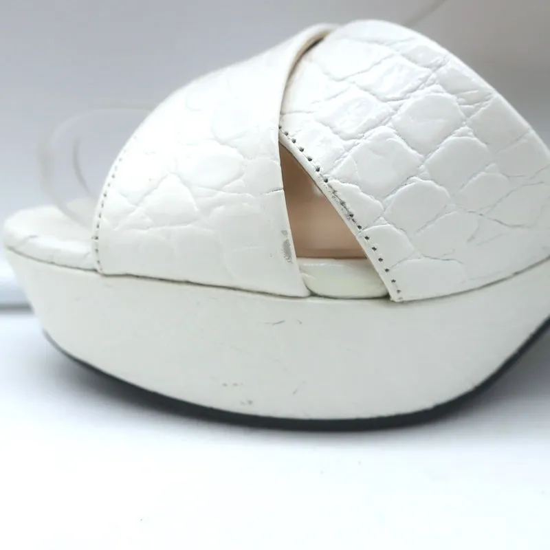 Prada Crocodile Print Crisscross Platform Sandals White Patent Leather Size 38