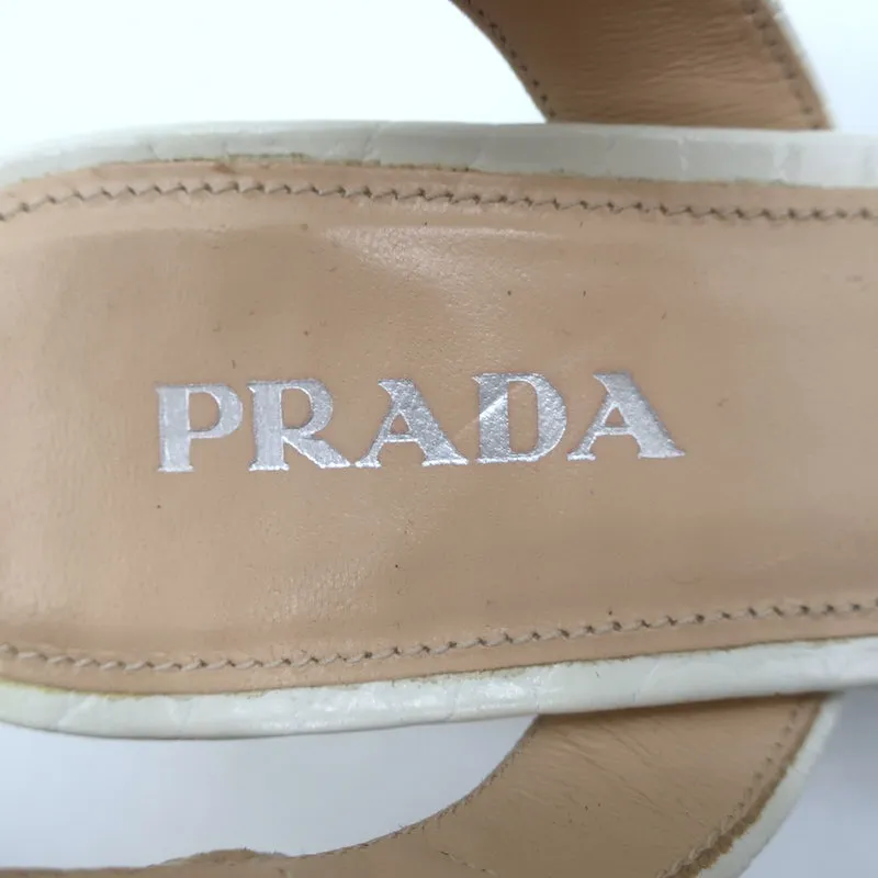 Prada Crocodile Print Crisscross Platform Sandals White Patent Leather Size 38