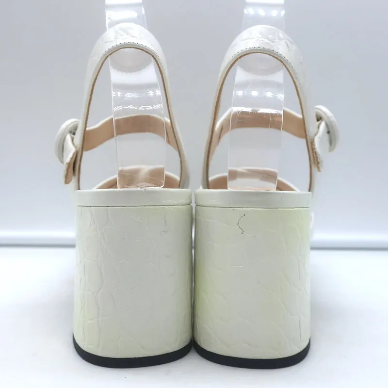 Prada Crocodile Print Crisscross Platform Sandals White Patent Leather Size 38