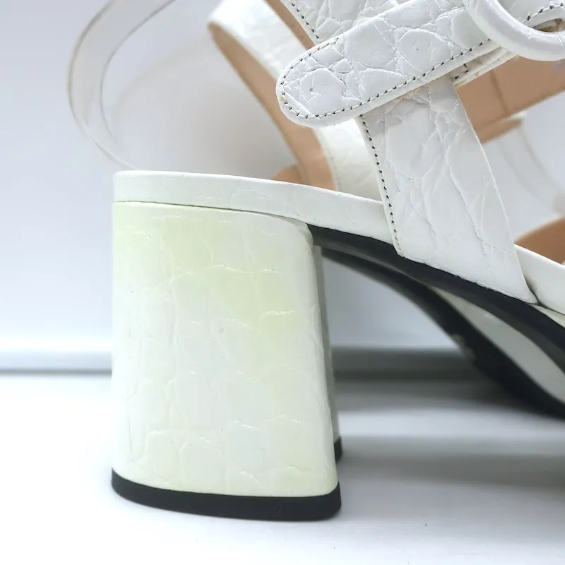 Prada Crocodile Print Crisscross Platform Sandals White Patent Leather Size 38