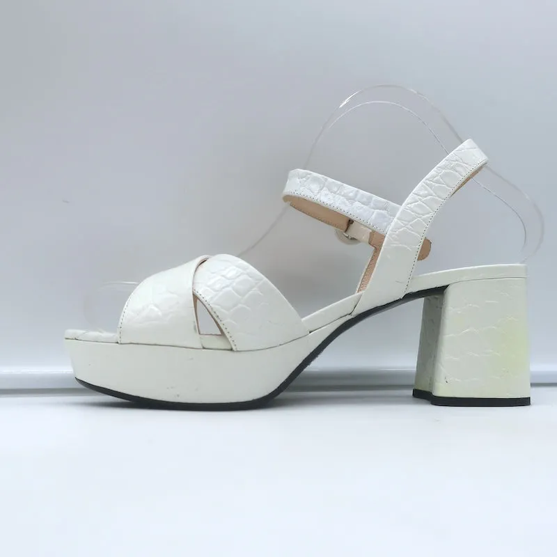Prada Crocodile Print Crisscross Platform Sandals White Patent Leather Size 38