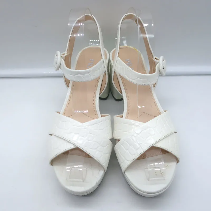 Prada Crocodile Print Crisscross Platform Sandals White Patent Leather Size 38